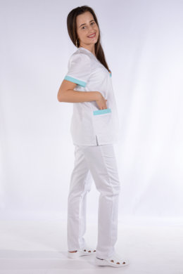 Košeľa chirurgická 02- dámska  - biela so zeleným  lemom- VYROBENÉ NA SLOVENSKU
