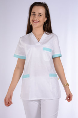 Košeľa chirurgická 02- dámska  - biela so zeleným  lemom- VYROBENÉ NA SLOVENSKU