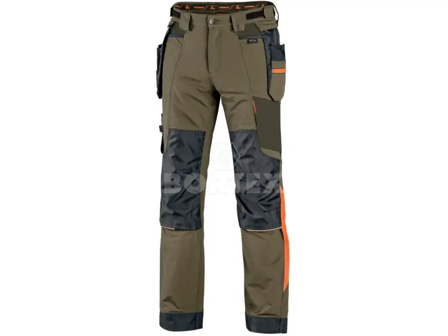 Pracovné nohavice CXS NAOS - khaki-olivová+HV oranžové doplnky