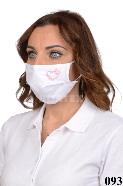 Rúško antibakteriálne na tvár biele -BORT,dvojvrstvové-1vrstva(100%bavlna), 1vrstva (100%polyester s iónmi striebra) s výšivkou-srdce (ružové) 093 - VYROBENÉ NA SLOVENSKU