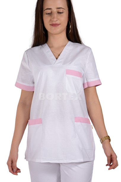 Košeľa chirurgická - dámska - biela s ružovým  lemom - VYROBENÉ NA SLOVENSKU