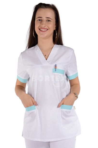 Košeľa chirurgická 02- dámska  - biela so zeleným  lemom- VYROBENÉ NA SLOVENSKU