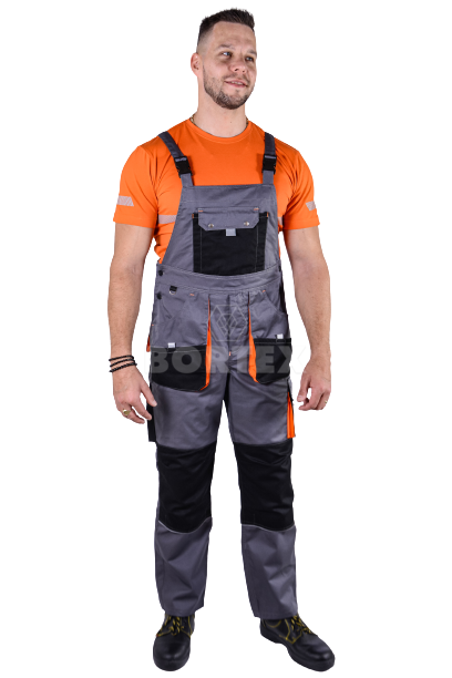 Nohavice pánske pracovné, na traky, model SAMO - sivo-oranžové- VYROBENÉ NA SLOVENSKU