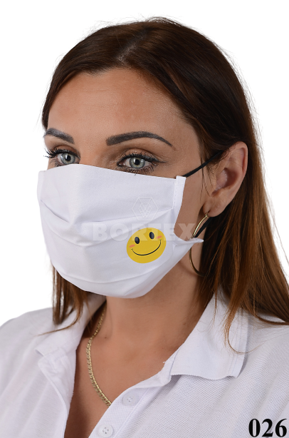 Rúško bavlnené na tvár B03-BORT (dvojvrstvové-100% bavlna) s potlačou-smailík (biele) 026 -  VYROBENÉ NA SLOVENSKU