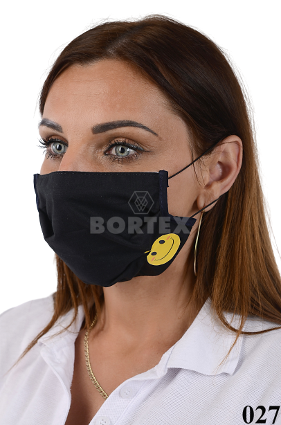 Rúško bavlnené na tvár B03-BORT (dvojvrstvové-100% bavlna) s potlačou-smailík (čierne) 027 - VYROBENÉ NA SLOVENSKU