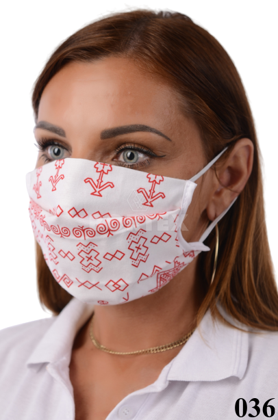 Rúško antibakteriálne-BORT ,dvojvrstvové-1vrstva(100%bavlna), 1vrstva (100%polyester s iónmi striebra)-s čičmanským vzorom  (červené s bielym podkladom) 036 - VYROBENÉ NA SLOVENSKU