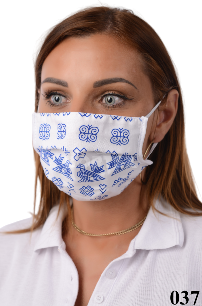 Ochranné antibakteriálne rúško so striebrom B03- BORTEX, slovenský výrobok, dvojvrstvové-1.vrstva(100%bavlna), 2.vrstva (100%polyester s iónmi striebra) čičmanský vzor s modrým na bielom podklade 037