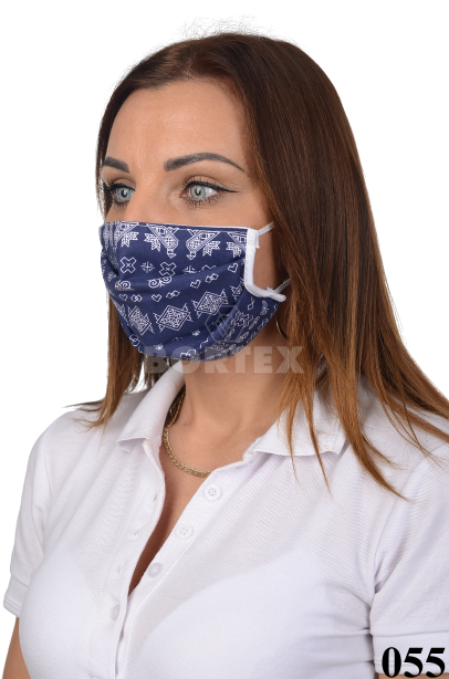 Rúško antibakteriálne na tvár-BORT, dvojvrstvové-1vrstva(100%bavlna), 1vrstva (100%polyester s iónmi striebra) ľudový motív (s tmavo modrým podkladom) 055 - VYROBENÉ NA SLOVENSKU