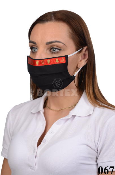 Antibakteriálne ozdobné bavlnené rúško BORT, dvojvrstvové-1vrstva(100%bavlna), 1vrstva (100%polyester s iónmi striebra) motív vianočný stromček (čierne) 067 - VYROBENÉ NA SLOVENSKU