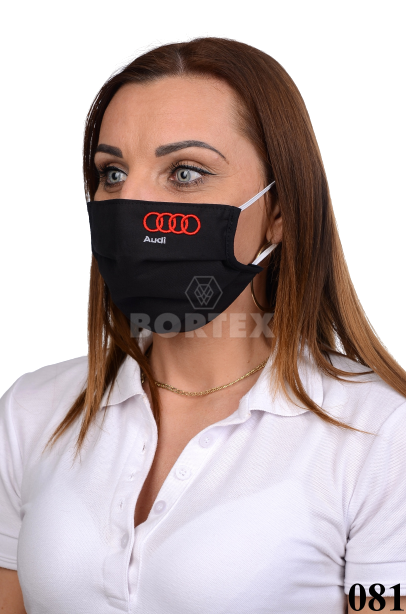 Antibakteriálne bavlnené rúško BORT, dvojvrstvové-1vrstva(100%bavlna), 1vrstva (100%polyester s iónmi striebra)s výšivkou  motív AUDI (čierne) 081 - VYROBENÉ NA SLOVENSKU