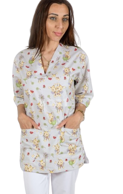 Košeľa chirurgická 02- dámska - vzor včielky v sivej farbe -  VYROBENÉ NA SLOVENSKU