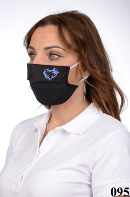 Rúško antibakteriálne na tvár čierne -BORT,dvojvrstvové-1vrstva(100%bavlna), 1vrstva (100%polyester s iónmi striebra) s výšivkou - srdce (modré) 095 - VYROBENÉ NA SLOVENSKU