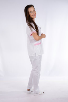 Košeľa chirurgická 02- dámska  - biela s ružovým  lemom - VYROBENÉ NA SLOVENSKU