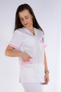 Košeľa chirurgická - dámska - biela s ružovým  lemom - VYROBENÉ NA SLOVENSKU