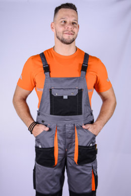 Nohavice pánske pracovné, na traky, model SAMO - sivo-oranžové- VYROBENÉ NA SLOVENSKU