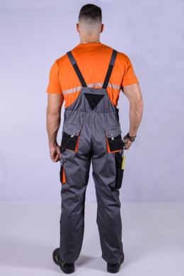 Nohavice pánske pracovné, na traky, model SAMO - sivo-oranžové- VYROBENÉ NA SLOVENSKU