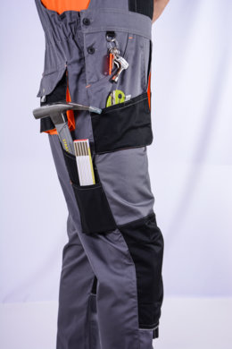Nohavice pánske pracovné, na traky, model SAMO - sivo-oranžové- VYROBENÉ NA SLOVENSKU