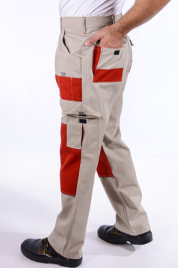 Nohavice pracovné MAJSTER pánske (zmesovka-65% PES a 35% Ba-výška 182) béžovo - červené - VYROBENÉ NA SLOVENSKU