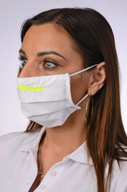 Rúško antibakteriálne na tvár-BORT,dvojvrstvové-1vrstva(100%bavlna), 1vrstva (100%polyester s iónmi striebra) s ozdobným ornamentom - výšivka (žlté) 013 - VYROBENÉ NA SLOVENSKU