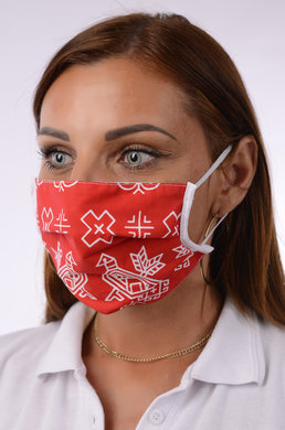 Rúško antibakteriálne-BORT ,dvojvrstvové-1vrstva(100%bavlna), 1vrstva (100%polyester s iónmi striebra)-s čičmanským vzorom  (biele s červeným podkladom) 035 - VYROBENÉ NA SLOVENSKU