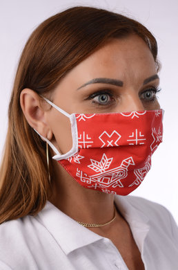 Rúško antibakteriálne-BORT ,dvojvrstvové-1vrstva(100%bavlna), 1vrstva (100%polyester s iónmi striebra)-s čičmanským vzorom  (biele s červeným podkladom) 035 - VYROBENÉ NA SLOVENSKU