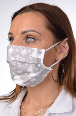 Rúško antibakteriálne na tvár-BORT, dvojvrstvové-1vrstva(100%bavlna), 1vrstva (100%polyester s iónmi striebra) vianočný motív (sivé) 050 - VYROBENÉ NA SLOVENSKU