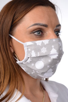 Rúško antibakteriálne na tvár-BORT, dvojvrstvové-1vrstva(100%bavlna), 1vrstva (100%polyester s iónmi striebra) vianočný motív (sivé) 050 - VYROBENÉ NA SLOVENSKU