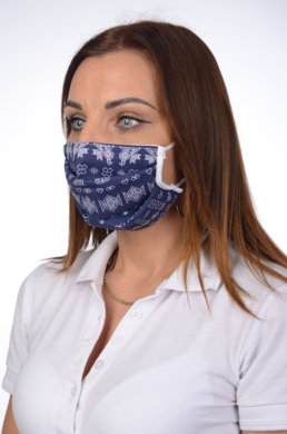 Rúško antibakteriálne na tvár-BORT, dvojvrstvové-1vrstva(100%bavlna), 1vrstva (100%polyester s iónmi striebra) ľudový motív (s tmavo modrým podkladom) 055 - VYROBENÉ NA SLOVENSKU