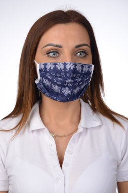 Rúško antibakteriálne na tvár-BORT, dvojvrstvové-1vrstva(100%bavlna), 1vrstva (100%polyester s iónmi striebra) ľudový motív (s tmavo modrým podkladom) 055 - VYROBENÉ NA SLOVENSKU