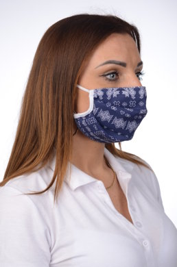 Rúško antibakteriálne na tvár-BORT, dvojvrstvové-1vrstva(100%bavlna), 1vrstva (100%polyester s iónmi striebra) ľudový motív (s tmavo modrým podkladom) 055 - VYROBENÉ NA SLOVENSKU