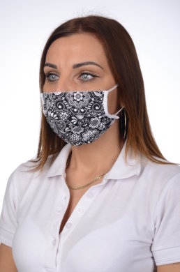 Rúško antibakteriálne na tvár-BORT, dvojvrstvové-1vrstva(100%bavlna), 1vrstva (100%polyester s iónmi striebra) ľudový motív (s čiernym podkladom) 052 - VYROBENÉ NA SLOVENSKU