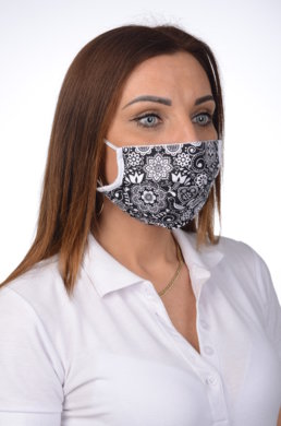 Rúško antibakteriálne na tvár-BORT, dvojvrstvové-1vrstva(100%bavlna), 1vrstva (100%polyester s iónmi striebra) ľudový motív (s čiernym podkladom) 052 - VYROBENÉ NA SLOVENSKU