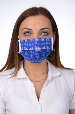 Rúško antibakteriálne na tvár-BORT, dvojvrstvové-1vrstva(100%bavlna), 1vrstva (100%polyester s iónmi striebra) ľudový motív (so sv.modrým podkladom) 054 - VYROBENÉ NA SLOVENSKU