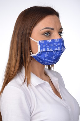 Rúško antibakteriálne na tvár-BORT, dvojvrstvové-1vrstva(100%bavlna), 1vrstva (100%polyester s iónmi striebra) ľudový motív (so sv.modrým podkladom) 054 - VYROBENÉ NA SLOVENSKU