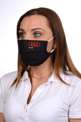 Antibakteriálne bavlnené rúško BORT, dvojvrstvové-1vrstva(100%bavlna), 1vrstva (100%polyester s iónmi striebra)s výšivkou  motív AUDI (čierne) 081 - VYROBENÉ NA SLOVENSKU