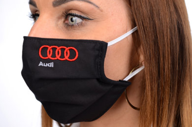 Antibakteriálne bavlnené rúško BORT, dvojvrstvové-1vrstva(100%bavlna), 1vrstva (100%polyester s iónmi striebra)s výšivkou  motív AUDI (čierne) 081 - VYROBENÉ NA SLOVENSKU