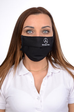 Antibakteriálne bavlnené rúško BORT, dvojvrstvové-1vrstva(100%bavlna), 1vrstva (100%polyester s iónmi striebra)s výšivkou- motív MERCEDES -BENZ (čierne) 082 - VYROBENÉ NA SLOVENSKU