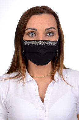 Antibakteriálne ozdobné bavlnené rúško BORT, dvojvrstvové-1vrstva(100%bavlna), 1vrstva (100%polyester s iónmi striebra) motív srdcia (čierne) 057 - VYROBENÉ NA SLOVENSKU