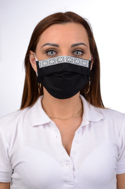 Ochranné antibakteriálne rúško so striebrom B03- BORTEX,  slovenský výrobok, dvojvrstvové-1.vrstva(100%bavlna), 2.vrstva (100%polyester s iónmi striebra) -ozdobné rúško ľudový motív (čierne) 063