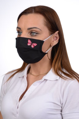 Antibakteriálne bavlnené rúško BORT, dvojvrstvové-1vrstva(100%bavlna), 1vrstva (100%polyester s iónmi striebra) motív motýľ (čierne) 074 - VYROBENÉ NA SLOVENSKU