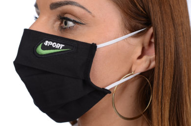 Rúško antibakteriálne s iónmi striebra B03- BORTEX,  slovenský výrobok, dvojvrstvové-1.vrstva(100%bavlna), 2.vrstva (100%polyester s iónmi striebra) - motív ŠPORT (čierne) 080