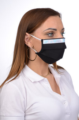 Slovenské antibakteriálne rúško so striebrom B03- BORTEX,  slovenský výrobok, dvojvrstvové-1.vrstva(100%bavlna), 2.vrstva (100%polyester s iónmi striebra)-ozdobné rúško motív zelené srdiečka na striebornom podklade (čierne) 071