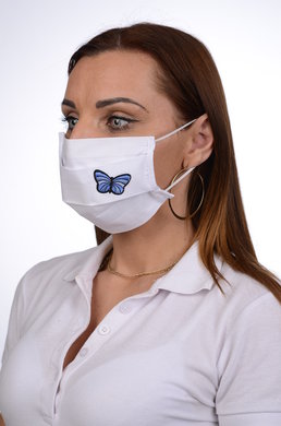 Bavlnené rúško na tvár B03-BORT (dvojvrstvové-100% bavlna) motív motýľ (biele) 075 - VYROBENÉ NA SLOVENSKU