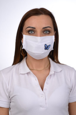 Bavlnené rúško slovenské  B03-BORT.slovenský výrobok (dvojvrstvové-100% bavlna) - výšivka motýľ (biele) 075