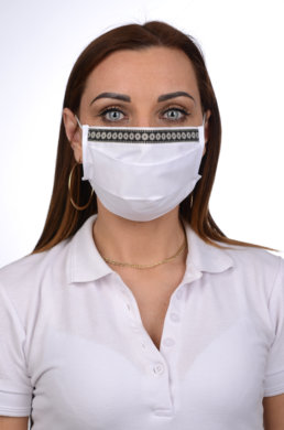 Slovenské rúško bavlnené B03-BORT.slovenský výrobok (dvojvrstvové-100% bavlna) - ozdobné rúško motív kvietky (biele) 070