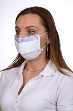 Ozdobné rúško  bavlnené na tvár B03-BORT (dvojvrstvové-100% bavlna) motív snehová vločka (biele) 066 - VYROBENÉ NA SLOVENSKU