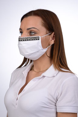 Rúško na tvár bavlnené B03-BORT.slovenský výrobok (dvojvrstvové-100% bavlna) - ozdobné rúško motív srdcia (biele) 058