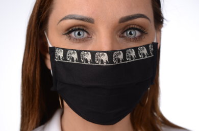 Antibakteriálne ozdobné bavlnené rúško BORT, dvojvrstvové-1vrstva(100%bavlna), 1vrstva (100%polyester s iónmi striebra) motív slony (čierne) 088 - VYROBENÉ NA SLOVENSKU