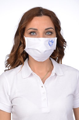 Rúško antibakteriálne na tvár biele -BORT,dvojvrstvové-1vrstva(100%bavlna), 1vrstva (100%polyester s iónmi striebra) s výšivkou - srdce (modré) 092 - VYROBENÉ NA SLOVENSKU