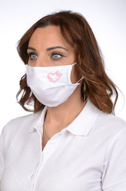 Rúško antibakteriálne na tvár biele -BORT,dvojvrstvové-1vrstva(100%bavlna), 1vrstva (100%polyester s iónmi striebra) s výšivkou-srdce (ružové) 093 - VYROBENÉ NA SLOVENSKU